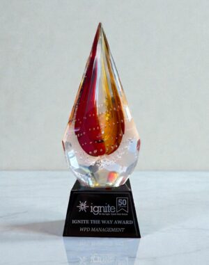 Our Red Flare Glass Art Award features strong colors of red & orange together within this spear shaped glass piece that is mounted on a black glass base with an engraving plate for personalization. The G1611 is 3.5" by 4" by 9.75". This photo shows the front of the item.
