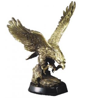 Large gold eagle statue mounted on a black base, AE1000 is 19.5" tall & weighs 13.2 lbs. AE2000 is 25.5" & weighs 27 lbs.