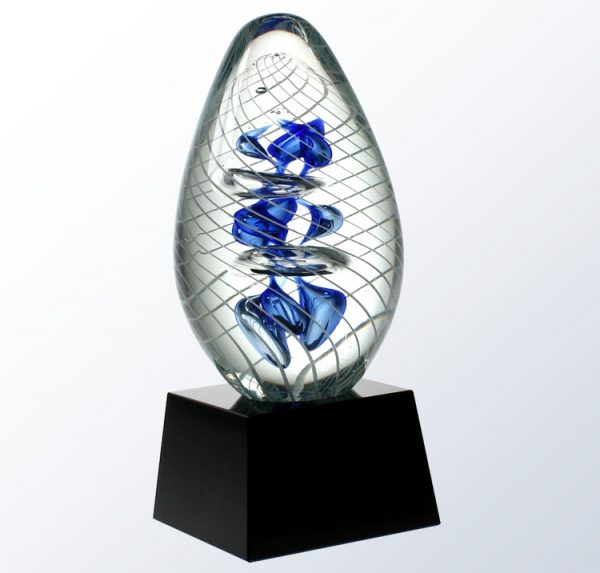 Glass Egg with swirled white, gray & blue colors inside, Mounted on a black glass base, G1284, 8" tall
