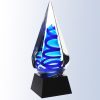 Spear shaped piece of glass with blue colors throughout, Mounted on black glass base, G1613, Blue Ocean Glass Art Award