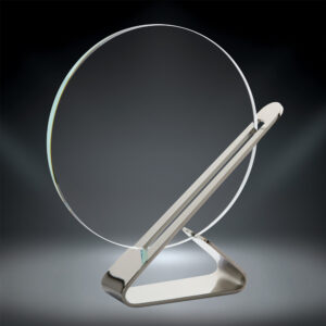 Our Silver Prestige Glass Award features a clear glass circle for laser engraving personalization that sits in a contemporary silver plated metal stand. This 76407-S is 6.75" x 7.5" in size and comes in a deluxe gift box.