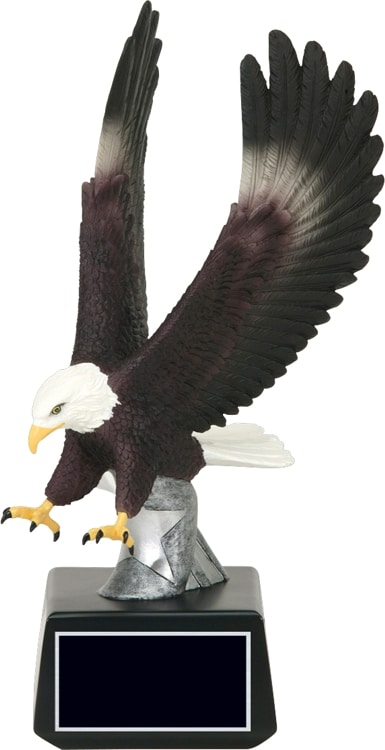 Full color eagle statue mounted on a black base with engraving plate, 60455GS is 10" tall