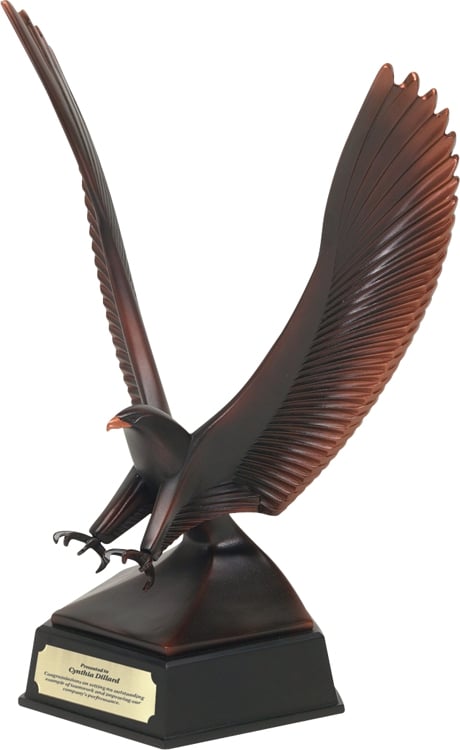 Contemporary eagle statue with wings up & talons out, mounted on black base with engraving plate, 82016-Z is 16" tall