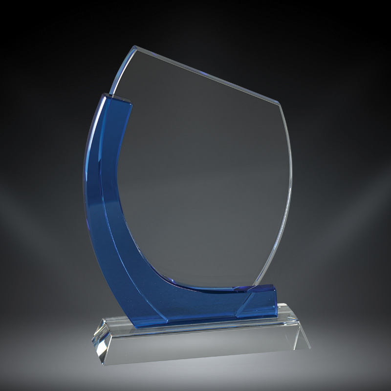 Our Chesapeake Crystal Trophy features a unique shaped area for engraving and has a blue accent on the left side. This award comes in two sizes, the CRY00452A which is 7.75" tall and the CRY00452B which is 8.5" tall and both come is a satin lined deluxe gift box.