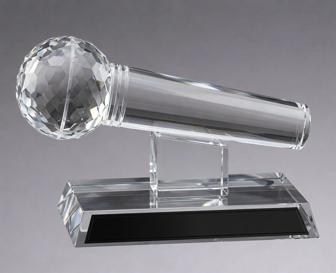 This realistic clear crystal sculpture depicts a detailed microphone mounted on a crystal base with a blank black engraving plate. Shown in a straight frontal view. Unique award for broadcasters, speakers, MCs, and outstanding communicators.