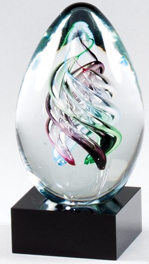 Glass egg with colors swirled inside, mounted on a black glass base, glsc48, 6" tall, weighs 3.3 lbs