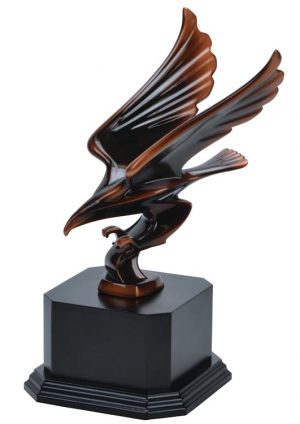 Contemporary bronze eagle statue showing eagle diving in flight, mounted on black base, AWD1706 is 11.5" tall