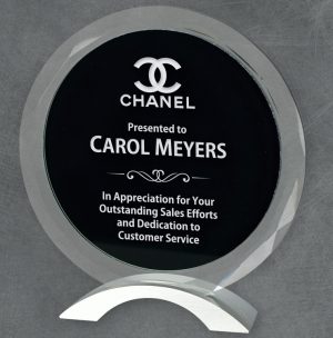 Round glass award with black center for engraving, mounted on silver metal base, packaged in deluxe gift box, 3 sizes