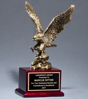 Antique bronze eagle statue mounted on a rosewood base, 1588 is 9.5" x 15" Size, Weighs 7 lbs