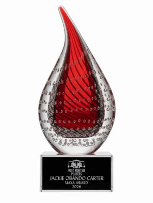 Our Red Drop Art Glass Award shown here on a white background. The award features a glass raindrop with a red center that has black lines & decorative air bubbles surround the red. It's mounted on a clear glass base with a black & silver engraving plate for personalization. This 2249 glass award is 7.5" tall & weighs 3.8 lbs.