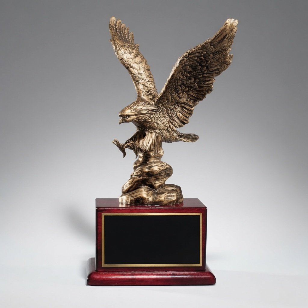 This majestic bronze-finish resin sculpture depicts a powerful eagle with fully outstretched wings, perched on a rock and mounted on a rosewood base with a blank black/gold engraving plate. Shown in a frontal view. Symbolic leadership and achievement award.