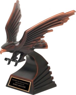 Contemporary bronze eagle statue with engraving plate, 81255-Z is 8" tall