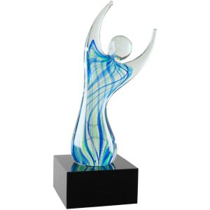 Contemporary glass person with arms in victory with blue & green colors, AGS09 is 9" tall, Weighs 4.1 lbs.