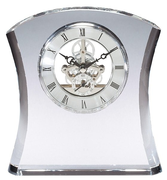 Our Bell Crystal Clock that features a thick, free standing piece of crystal made in the shape of a bell. It features a silver skeleton clock at the top and a blank area towards the bottom half that is for laser engraving personalization.