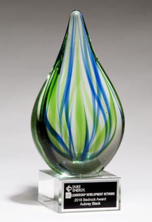 2266 Blue & Green Teardrop Art Glass, Glass teardrop with blue & green colors throughout, Mounted on a glass base