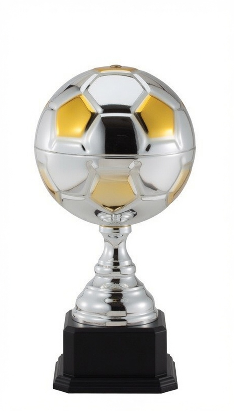 A striking silver and gold soccer ball trophy with a realistic paneled design mounted on a silver pedestal and black base. This elegant award is perfect for soccer tournaments, MVP honors, and team championships.