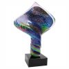 Spade shaped piece of twisting art glass with multiple colors throughout, Mounted on black glass base, AGS52, 13" tall