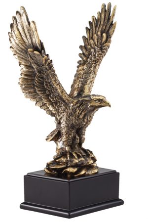 Gold eagle statue with the eagle in flight, mounted on black base, RFB525 is 14.75" tall, Weighs