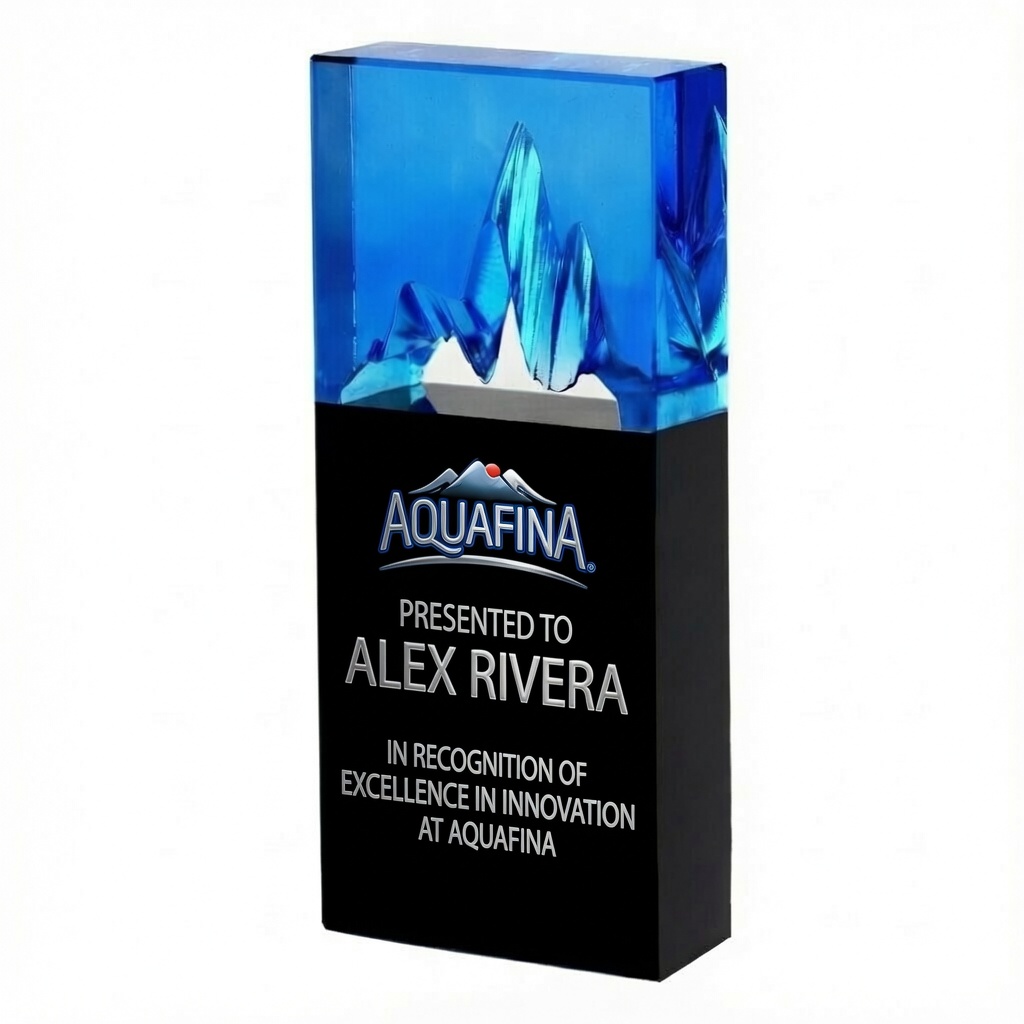Ice Cap - Black Base (C2503B) by Prism Crystal – Personalized optical crystal award featuring a vibrant blue pâte de verre ice formation top mounted on a solid black base. Shown with full silver imprint for Aquafina: Presented to Alex Rivera in Recognition of Excellence in Innovation at Aquafina.