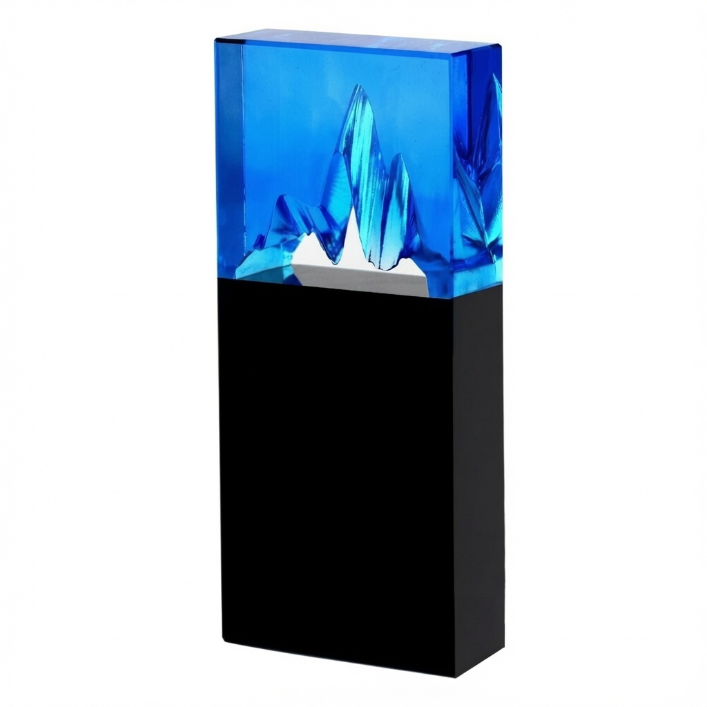Ice Cap - Black Base (C2503B) is a striking 7.5" optical crystal award featuring a vibrant blue pâte de verre ice formation top mounted on a solid black base. Shown against a white background.
