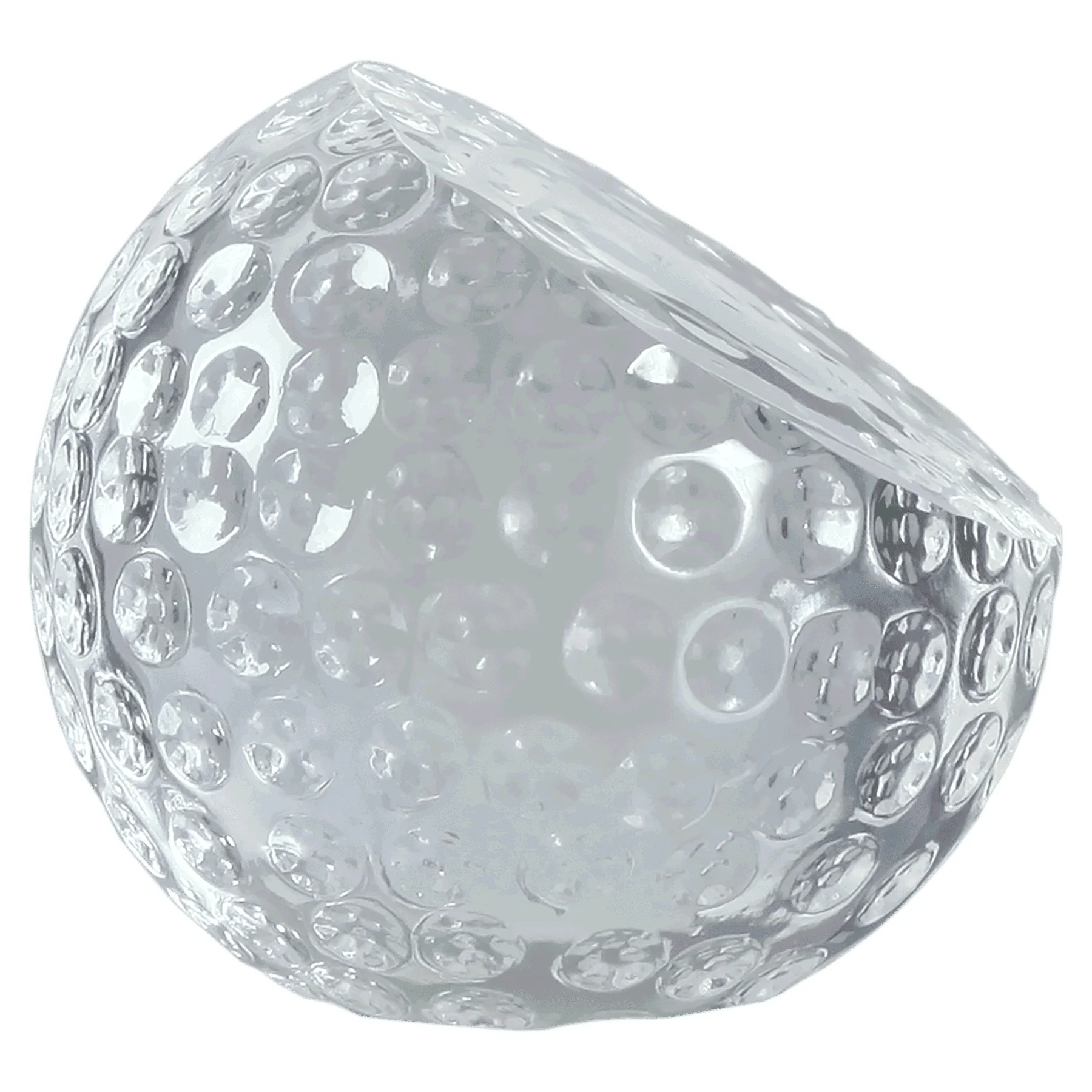 Our Crystal Golf Ball featured a 3" solid clear crystal golf ball with a flat area for laser engraving. This photo shows the side of the award and shows the dimple texture that goes around the glass. This item comes in a satin lined deluxe gift box.