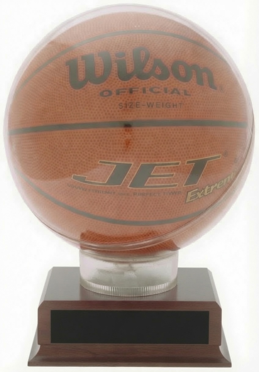 A premium acrylic basketball display case with a clear protective dome showcasing an official Wilson Jet basketball on a crystal riser and walnut base. This elegant trophy case is perfect for preserving and displaying championship basketballs.