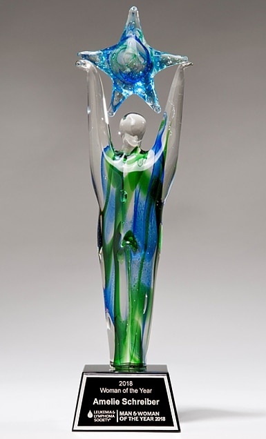 Achiever Art Glass Trophy with blue & green colors on black base, 2282, 11.5" Tall