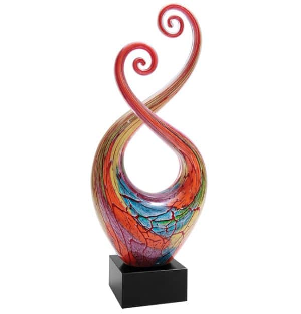 Artistic glass with curls & multiple colors throughout, Mounted on a black glass base, 14" tall, Weighs 6 lbs