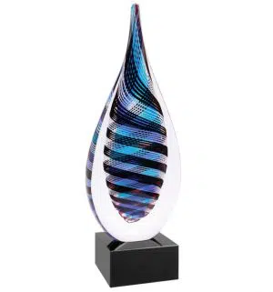 AGS54 Blue, White & Black Twisted Rain Drop, Glass Raindrop with black & blue colors on a black glass base