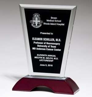 Black Glass Award G2906 G2907 G2908, Glass piece with black area for engraving mounted on a silver metal & rosewood base