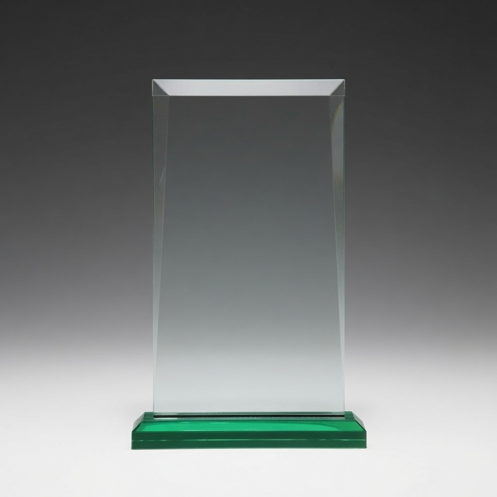 A modern, rectangular clear acrylic plaque mounted on a vibrant green crystal base. This elegant award offers ample engraving space and is perfect for recognizing lifetime achievements, leadership, and outstanding contributions.