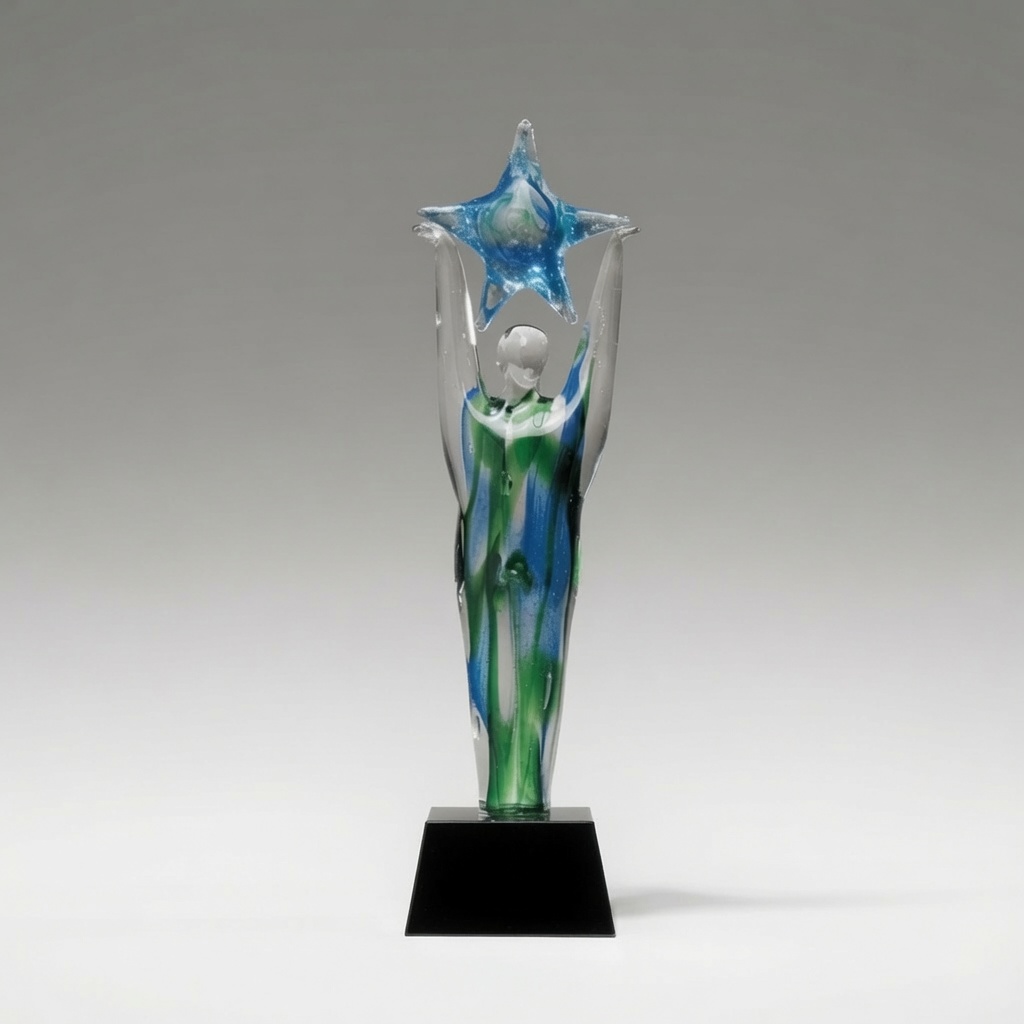 A dynamic hand-blown glass sculpture featuring a stylized figure holding a blue star aloft, with flowing green and blue accents. Mounted on a black base, this artistic award symbolizes success, aspiration, and outstanding achievement.