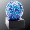 AGS55 Blue & White Sphere Art Glass, Glass sphere with blue & white colors mounted on a black glass base.