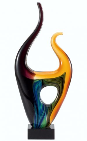 Contemporary Art Glass Flame, Mounted on a black glass base, GLSC61, 13.5" tall