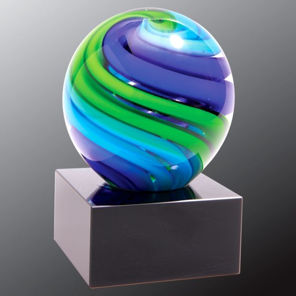 Blue & Green Glass Sphere AGS56, Glass sphere with blue & green colors swirled throughout, mounted on a black base