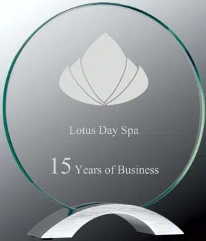 Round glass award for engraving mounted on silver metal base, CMG12 is 7.75" x 8.5" Size, Weighs 2.4 lbs.