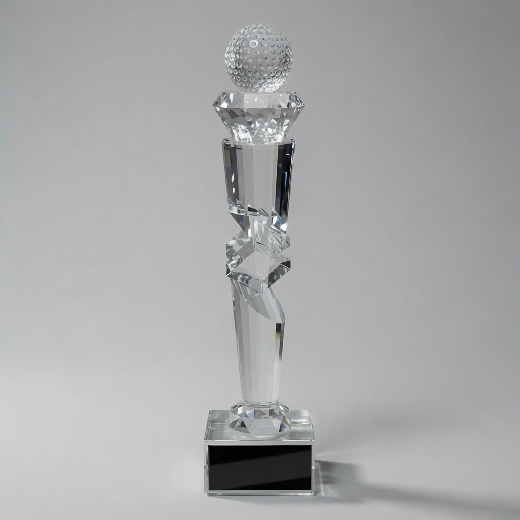 A tall, elegant 16-inch crystal award featuring a detailed crystal golf ball atop a faceted diamond-cut support, a twisted beveled crystal column, and a square crystal base with a black engraving plate. Perfect for golf tournament awards with free personalization.