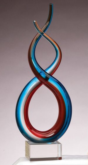 Glass art helix with red & blue colors throughout, mounted on a clear glass base, glsc2 is 15.5" tall, weighs 7.6 lbs