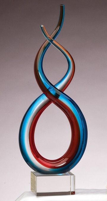 Glass art helix with red & blue colors throughout, mounted on a clear glass base, glsc2 is 15.5" tall, weighs 7.6 lbs