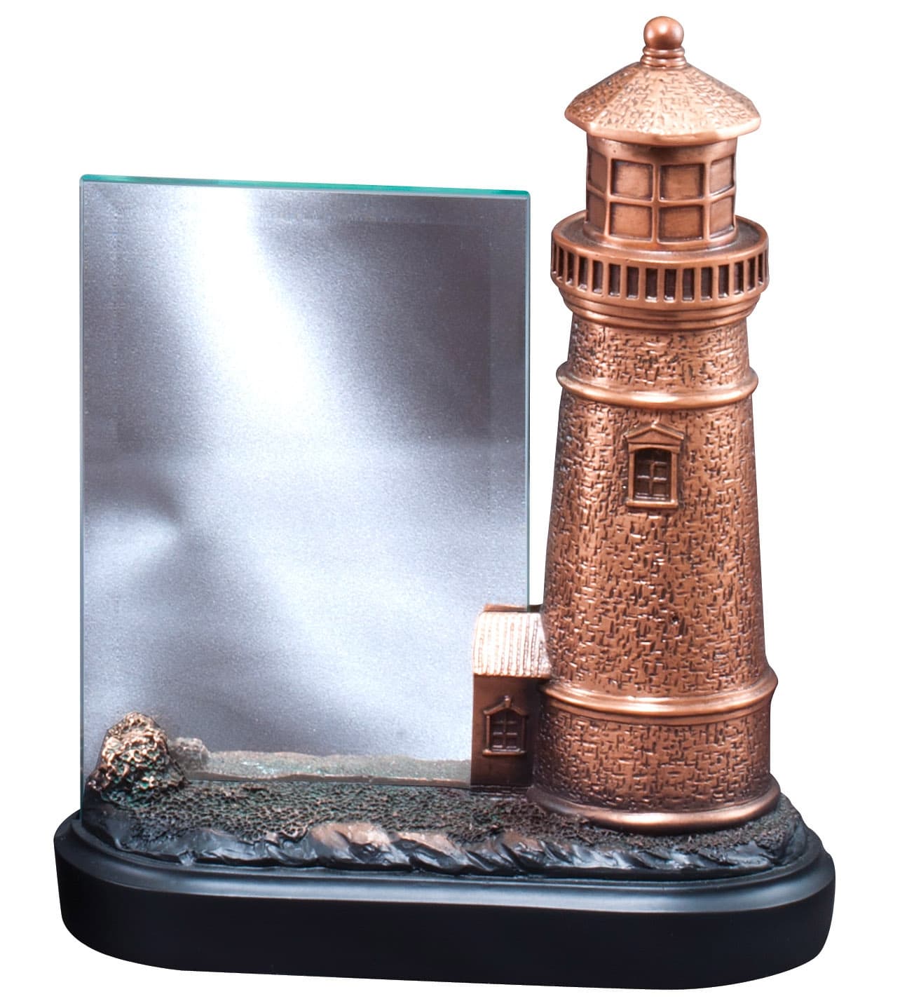 This is a Lighthouse Statue Award. The right side features a bronze colored lighthouse, while the left side has a 4x6 glass plate that can be personalized. It's all mounted on a black base.