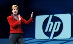 Carly Fiorina speaking at a presentation for the HP Corporation.