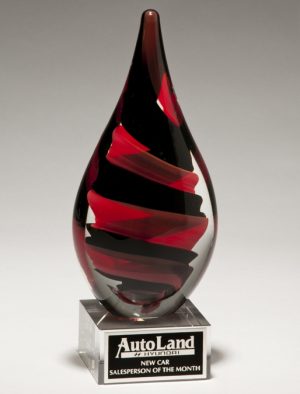 Glass raindrop with red & black colors inside, mounted on a clear glass base, 2285 is 8" tall, weighs 3.7 lbs