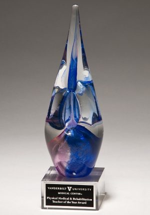 Blue & Violet Art Glass Award 2291, Spire shaped piece of glass with blue & violet colors swirled throughout