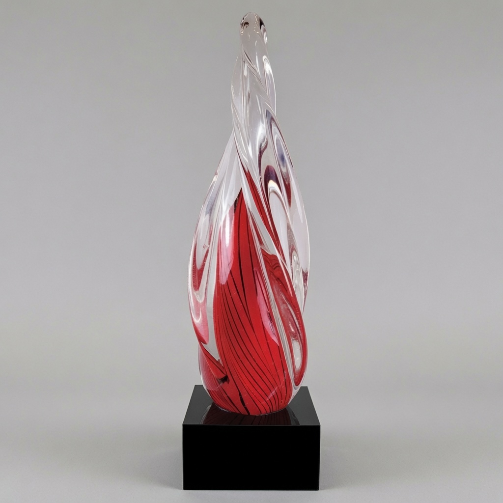 The award features a tall, elegant teardrop-shaped clear hand-blown art glass sculpture with a smooth, polished surface. Inside the crystal, vibrant red glass ribbons with black linear details twist gracefully upward in a dynamic spire pattern, creating a sense of continuous motion and flame-like energy. The glass piece is mounted on a solid black square base. The trophy is shown from a straight frontal view against a clean light gray studio background with even lighting that highlights the transparency of the crystal and the vivid red internal swirls.