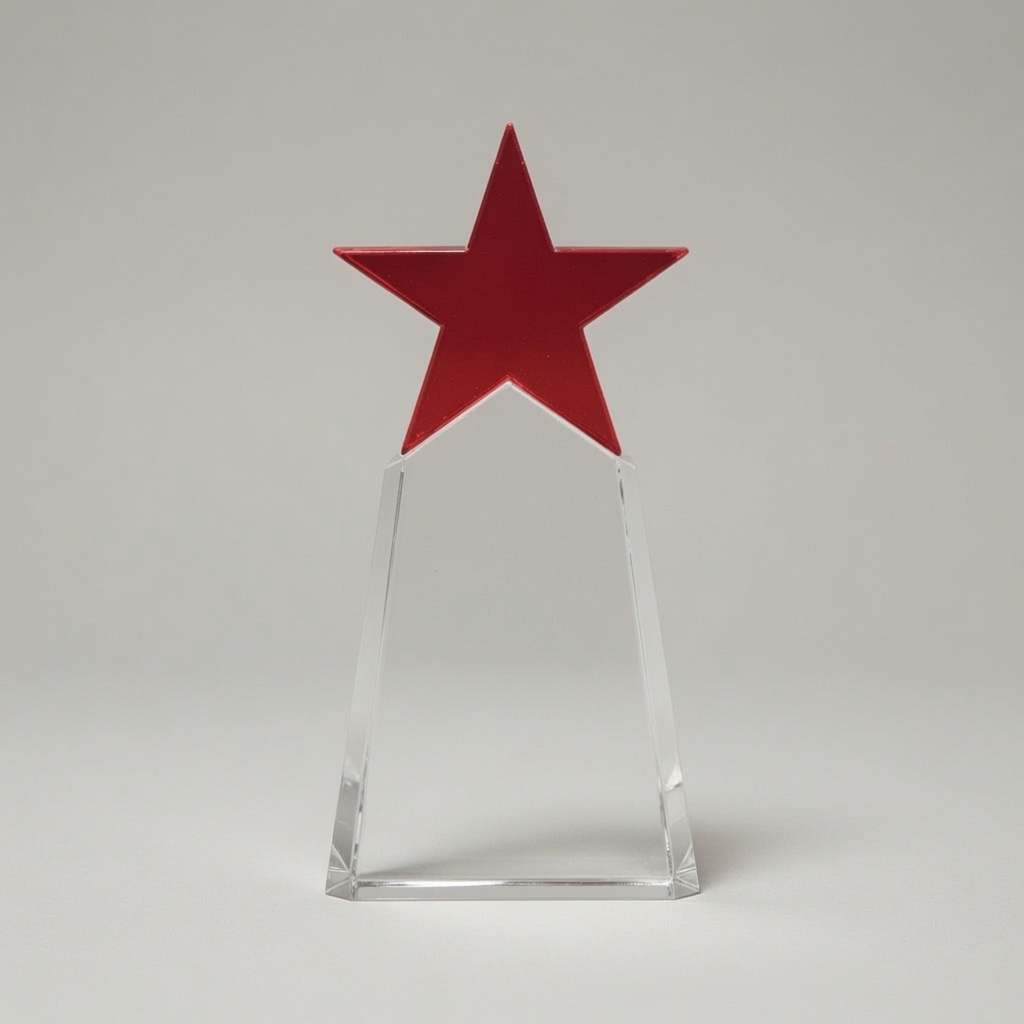 The award features a bold, vibrant red five-pointed star mounted on top of a tall, clear crystal plaque with a distinctive house or shield-like shape. The front surface of the clear crystal is completely blank and smooth, ready for custom laser engraving or personalization. The trophy is mounted on a thick, clear rectangular base. It is shown from a straight frontal view against a neutral light gray studio background with soft, even lighting that highlights the striking red star, crystal clarity, and elegant modern design.