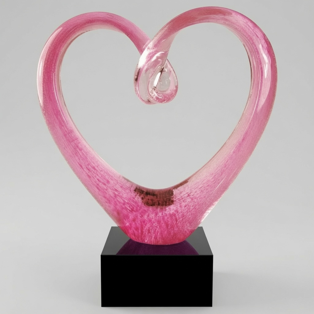 Pink heart art glass trophy with an elegant intertwined heart shape made of vibrant pink and clear hand-blown glass featuring a shimmering textured finish. The modern glass award sits on a glossy black rectangular base. Professional studio photograph on a light gray background.