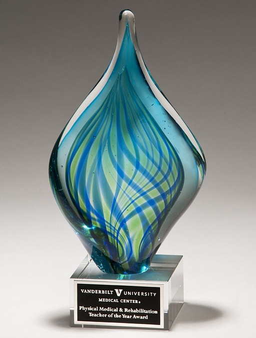 Blue & Green Twist Art Glass Award 2274, Twisted glass piece with blue & green colors mounted on a glass base