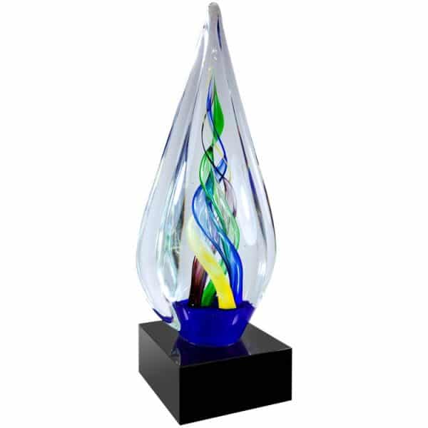 Spire shaped piece of glass with yellow, blue & green colors swirled inside, Mounted on black base, AGS62, 10.5" tall, Weighs 3.6 lbs