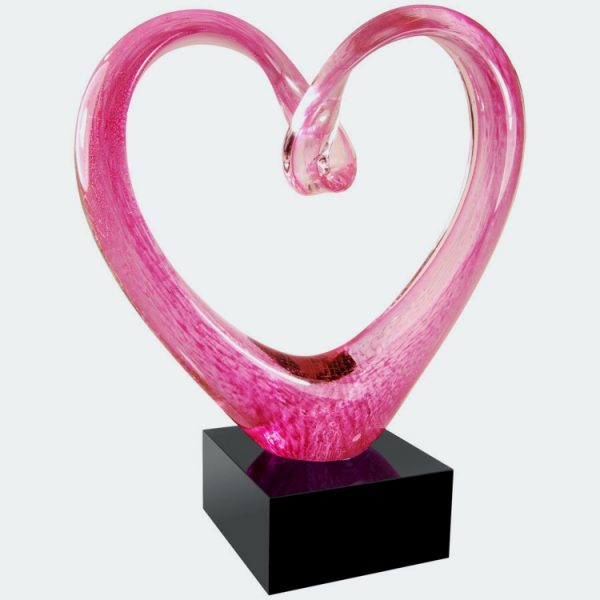 Pink glass heart mounted on black glass, AGS64 is 9" tall, weighs 4.1 lbs, packaged in deluxe gift box