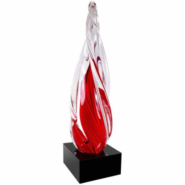 Twisting spire piece of glass with red & black colors inside, mounted on black glass base, AGS61 is 12" tall, weighs 4 lbs